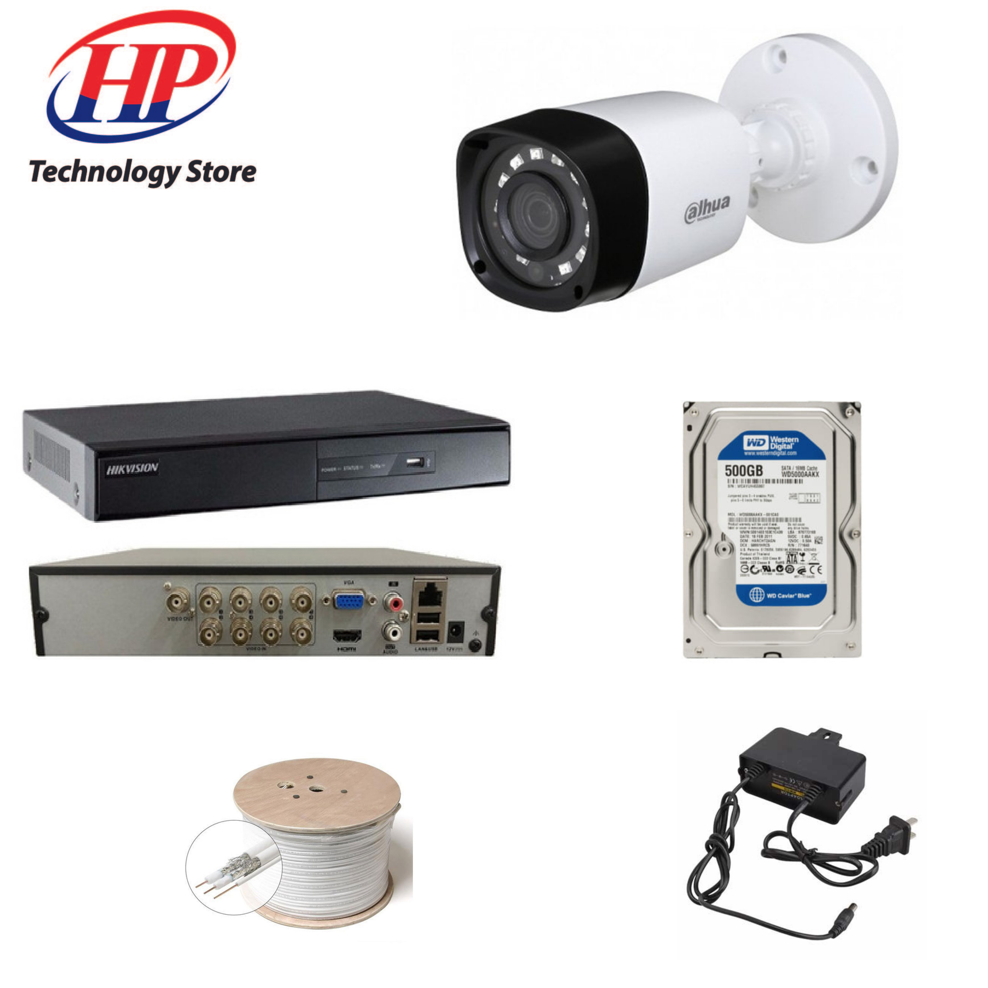 Trọn bộ 1 camera DH-HAC-B1A21P Đầu thu 4 cổng XVR1B04 đầy đủ phụ kiện, Hàng chính hãng