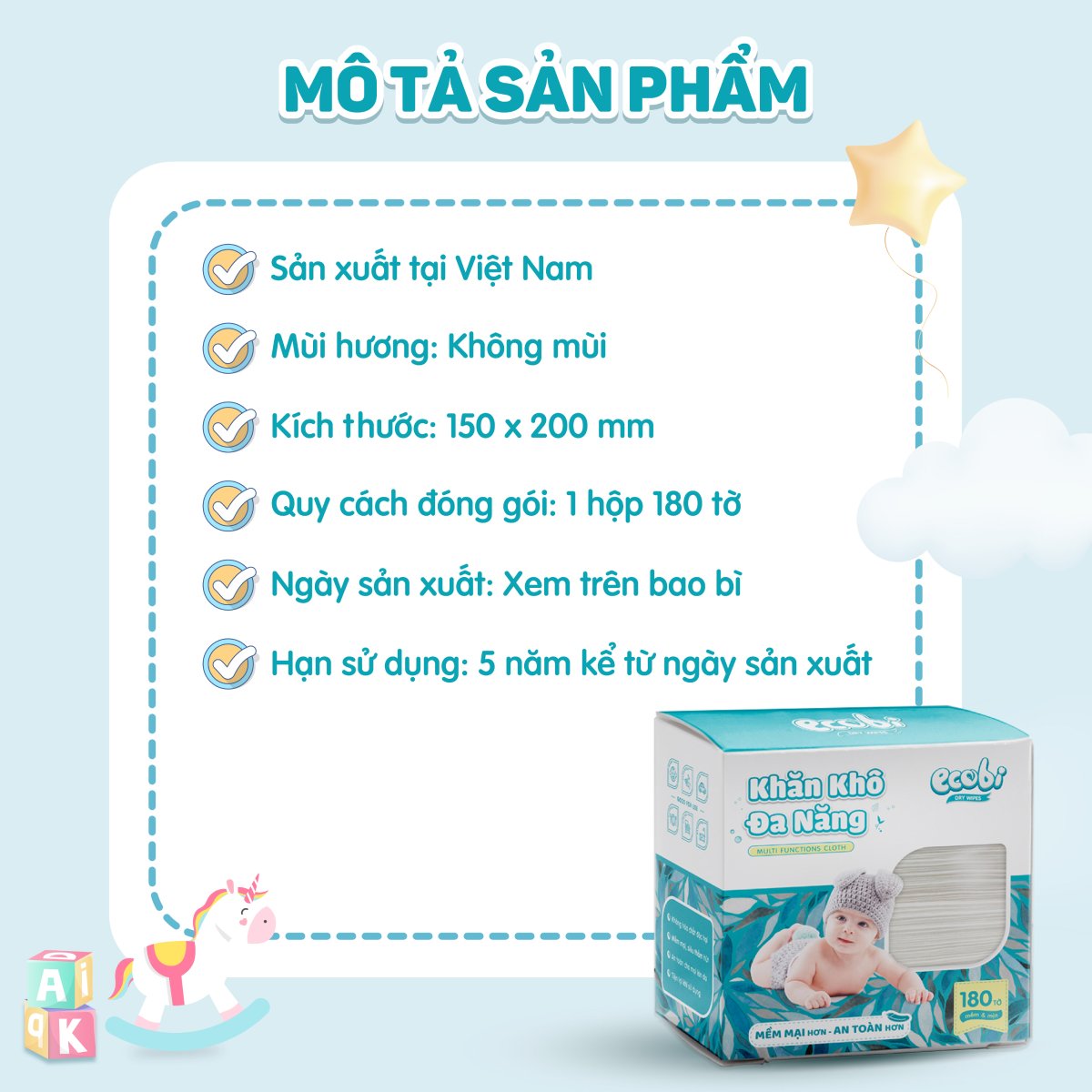 Khăn khô đa năng Ecobi hộp 180 tờ dùng thay khăn sữa an toàn cho trẻ sơ sinh