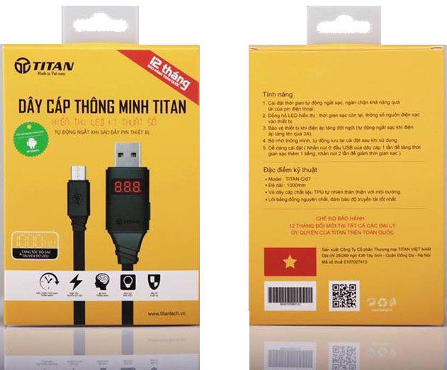 Cáp sạc nhanh Thông minh hiện thị đèn LED Micro USB Titan CI07 - Hàng chính hãng