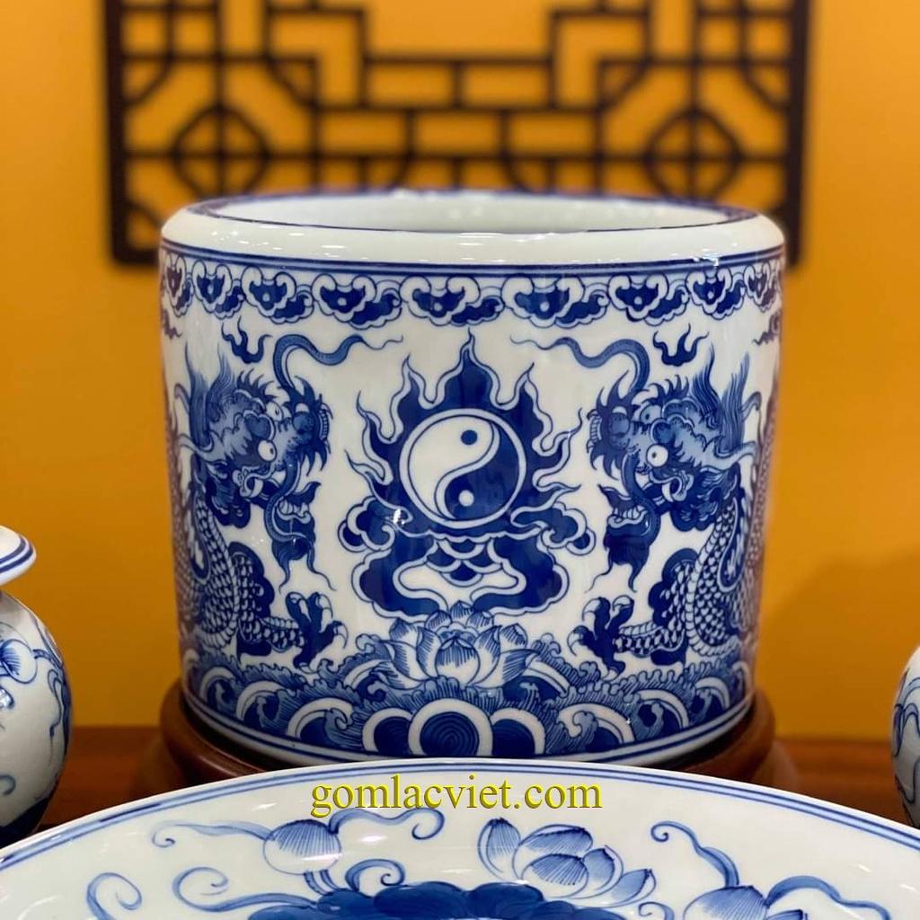 Bát hương nhang vẽ rồng men lam gốm bát tràng