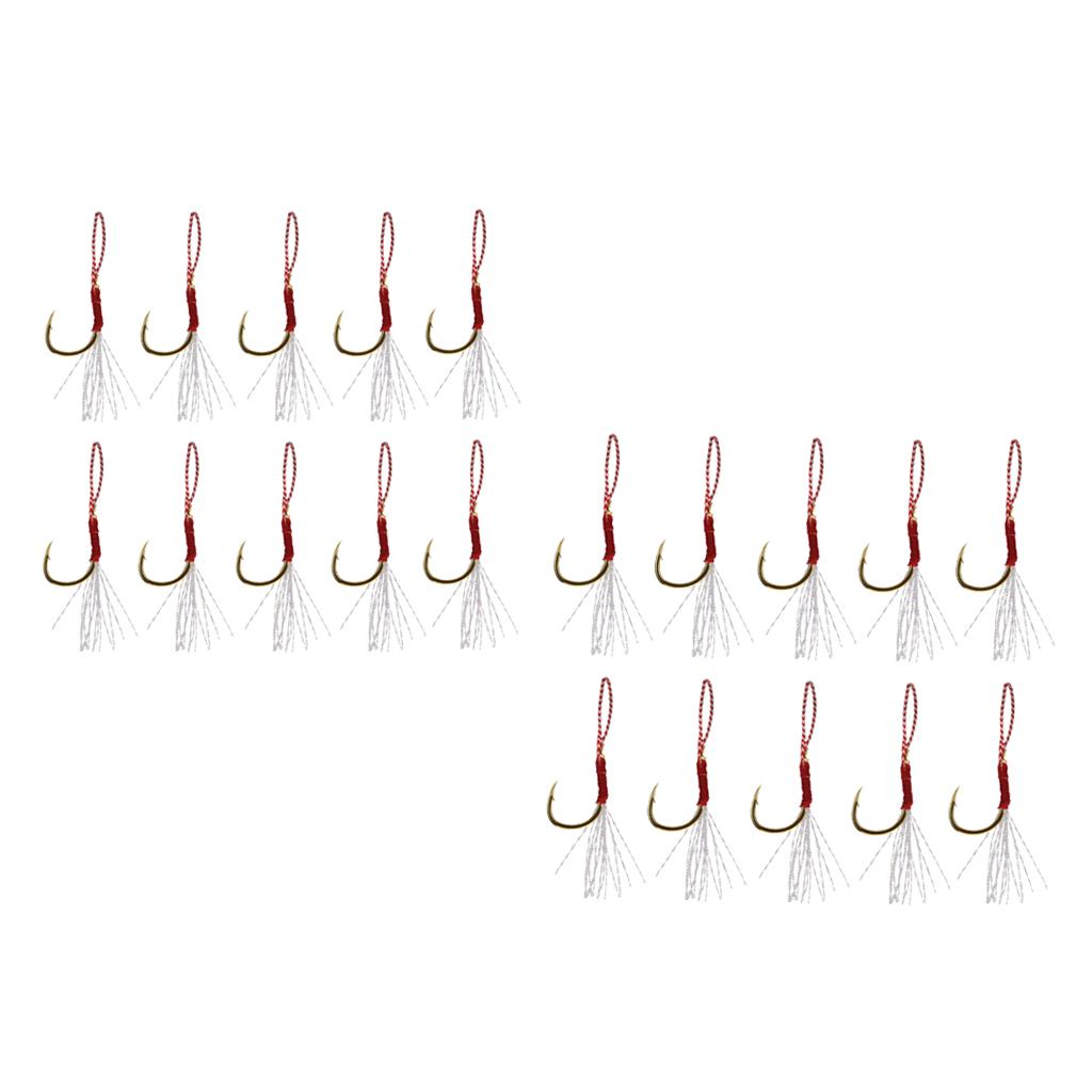 20pcs Fishing Assist Jig Hook Live Baits Hooks with Braid Lines Gold 12# 14#