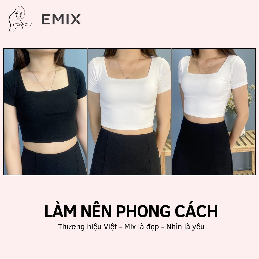 Áo thun croptop nữ EMIX (2 màu), dài 40cm, ngắn tay, cổ vuông, ôm eo, chất díp co giãn, mềm mát, tôn dáng