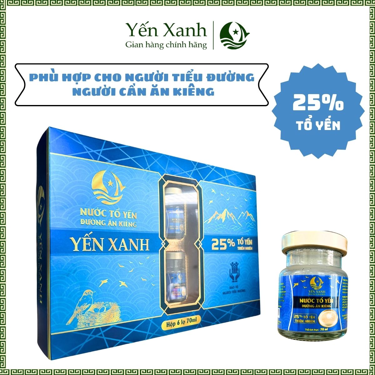(25% tổ yến) Nước tổ yến đường ăn kiêng - YẾN XANH - Hộp 6 lọ x 70ml, tốt cho người bị tiểu đường, người cần ăn kiêng