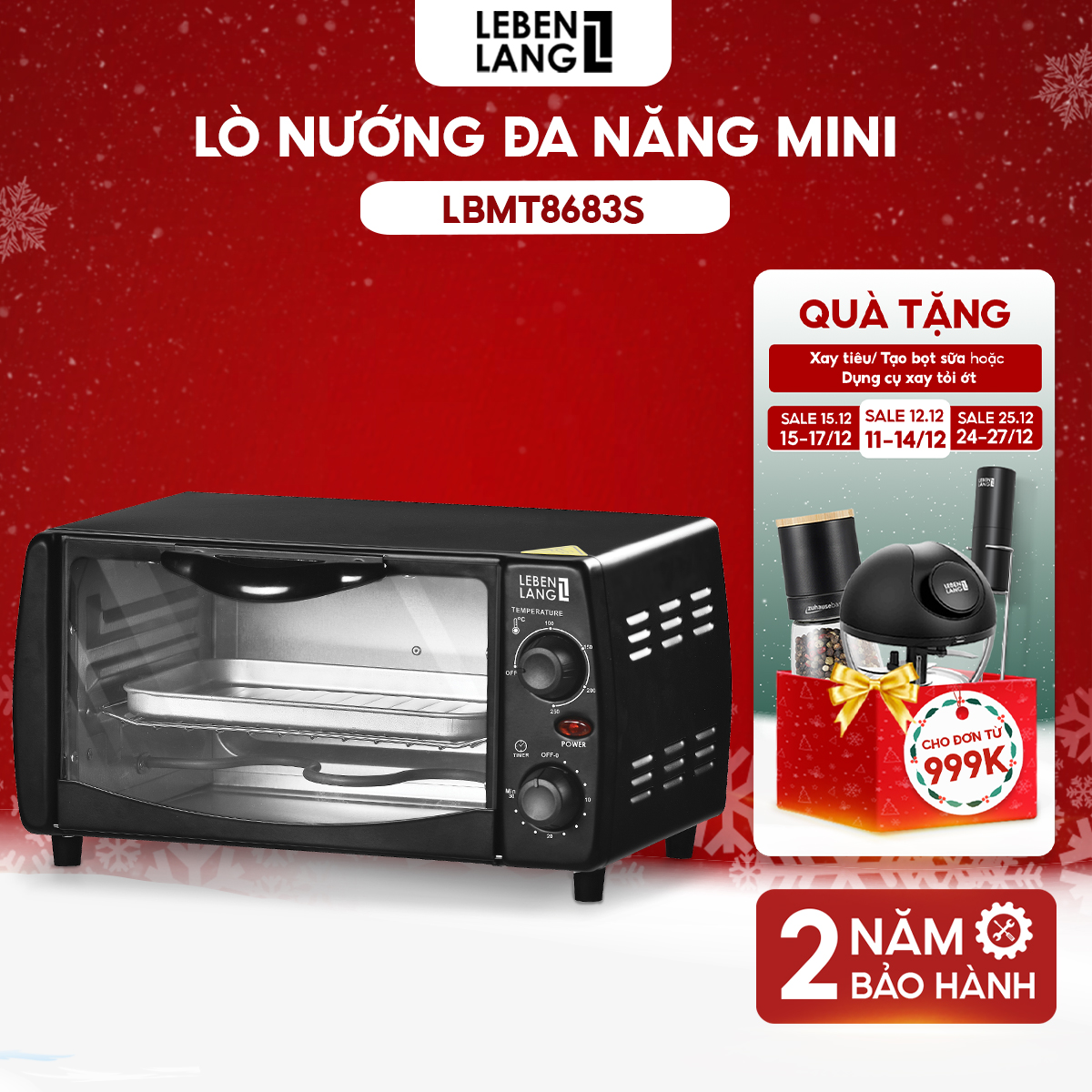 Lò Nướng Mini Đa Năng Lebenlang, Công Suất 800W, Dung Tích 12L, Lbmt8683S - Hàng Chính Hãng - Màu Đen