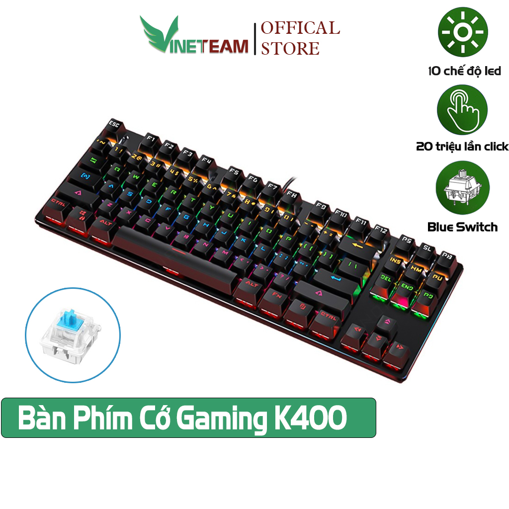 Bàn Phím Cơ Gaming VINETTEAM K400 Led RGB siêu đẹp 87 phím 10 Chế Độ Khác Nhau Chơi Game Dùng Văn Phòng Cực Đã Tương Thích Với Laptop PC Máy Tính Kiểu Dáng Gaming - Hàng Chính Hãng