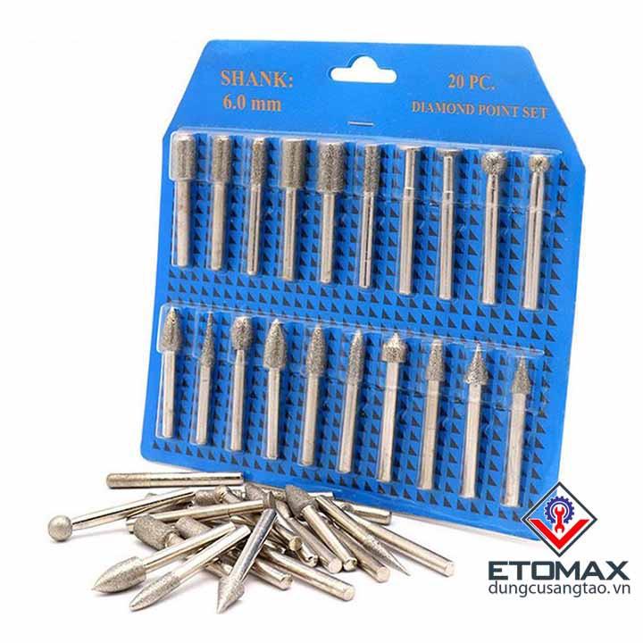 Bộ 20 mũi khắc mài hợp kim trục 6mm