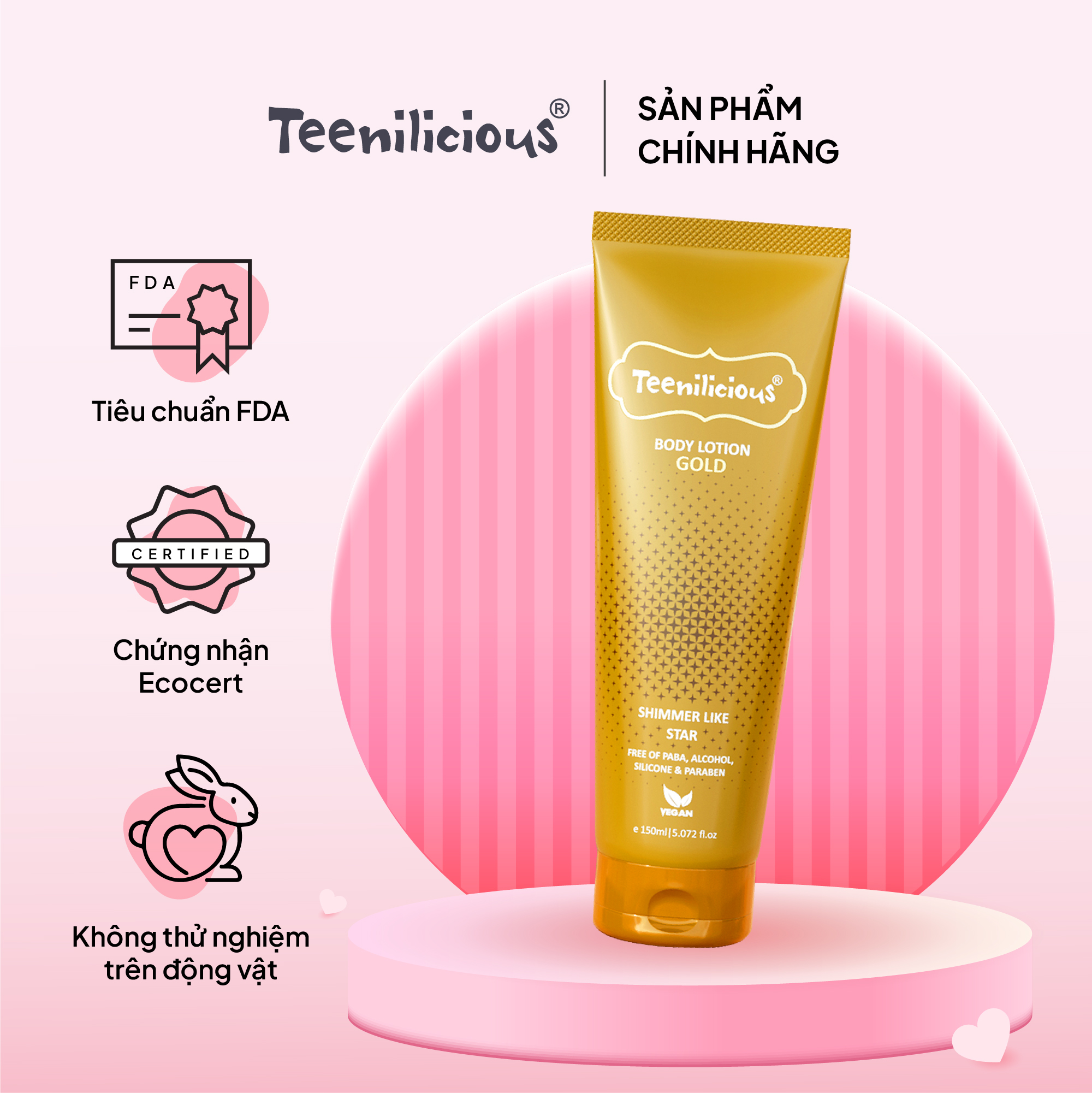 Sữa Dưỡng Thể Lấp Lánh Teenilicious Body Lotion Gold Ánh Nhũ Lấp Lánh, Dưỡng Ẩm Sáng Mịn Da 150ml