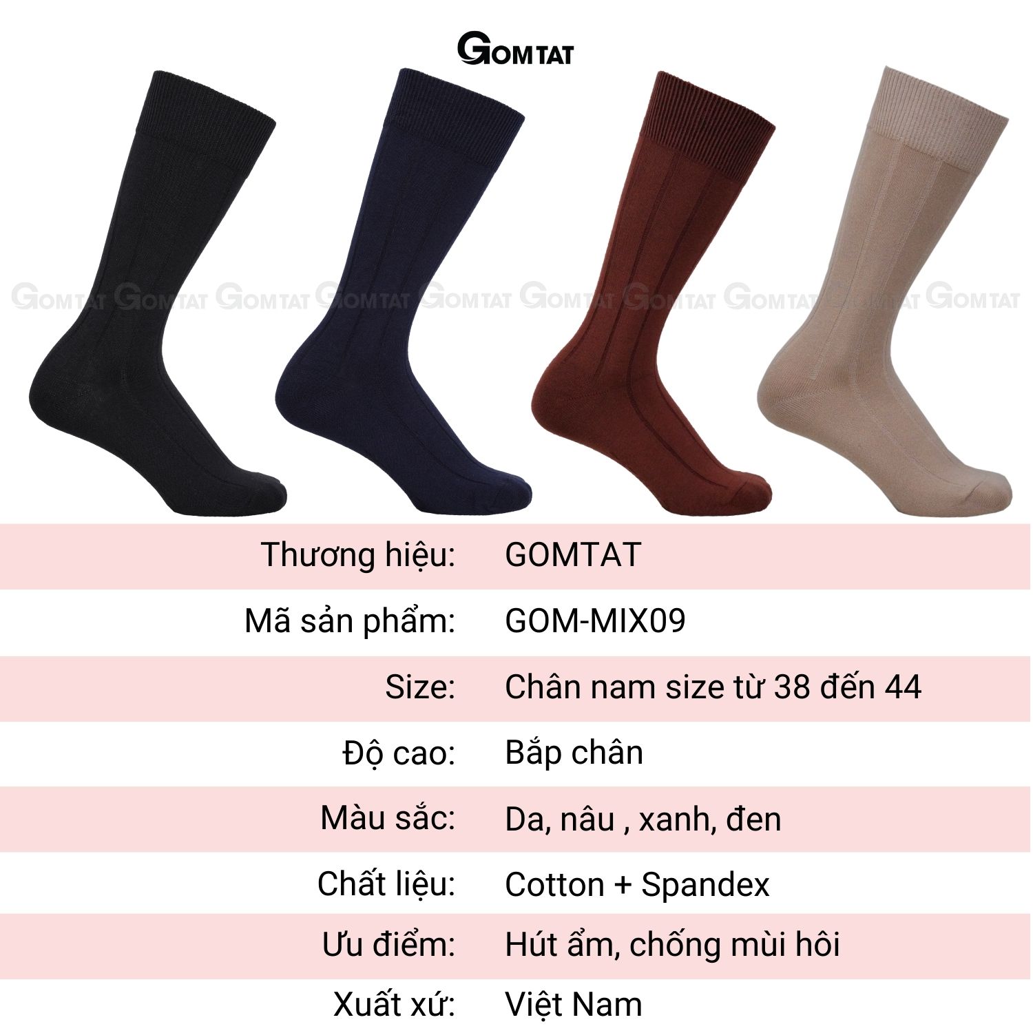 Hộp 4 đôi tất vớ đi giày tây nam GOMTAT mẫu gân chìm, chất liệu cotton cao cấp thoáng mát êm chân - GOM-MIX09-CB4