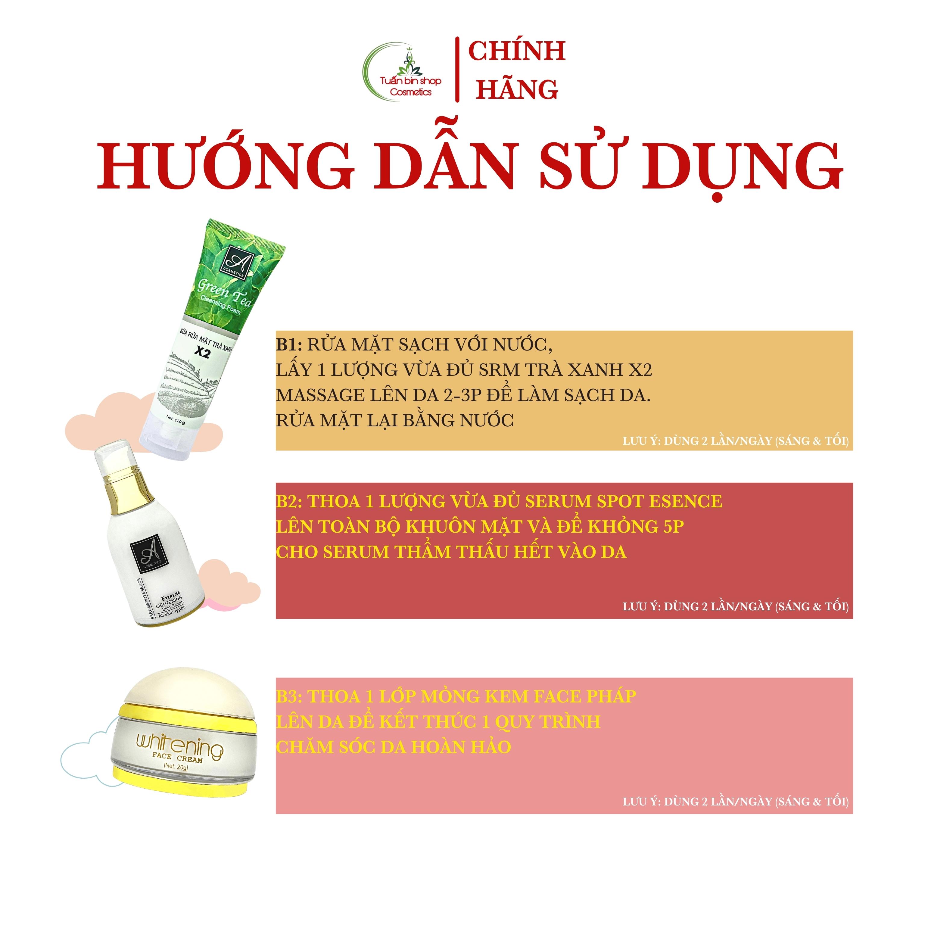 Combo cấp ẩm, dưỡng trắng da mặt, kiềm dầu Acosmetics, kem face pháp, serum cấp ẩm esence, sữa rửa mặt trà xanh x2 170g