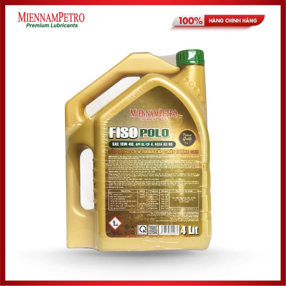 Dầu Nhớt MiennamPetro Fiso Polo 10W-40 API SL/CF-4 ACEA A3/B3 4L Bảo Vệ Và Tăng Hiệu Suất Vận Hành Động Cơ Xe Ô Tô