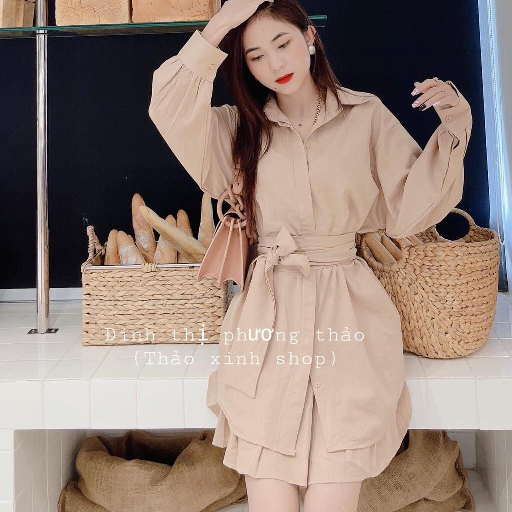 Sét Áo Sơ Mi Nữ Trắng Nâu Và Chân Váy Tennis Áo Sơ Mi Nữ Trắng Nâu Cột Eo Và Chân Váy Trắng