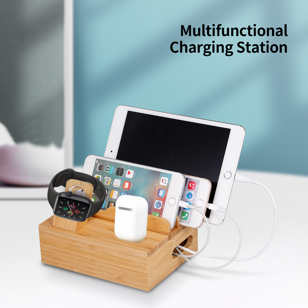 Giá đỡ máy tính để bàn 3 trong 1 bằng tre cho điện thoại di động máy tính bảng  iPad Apple Watch Airpods