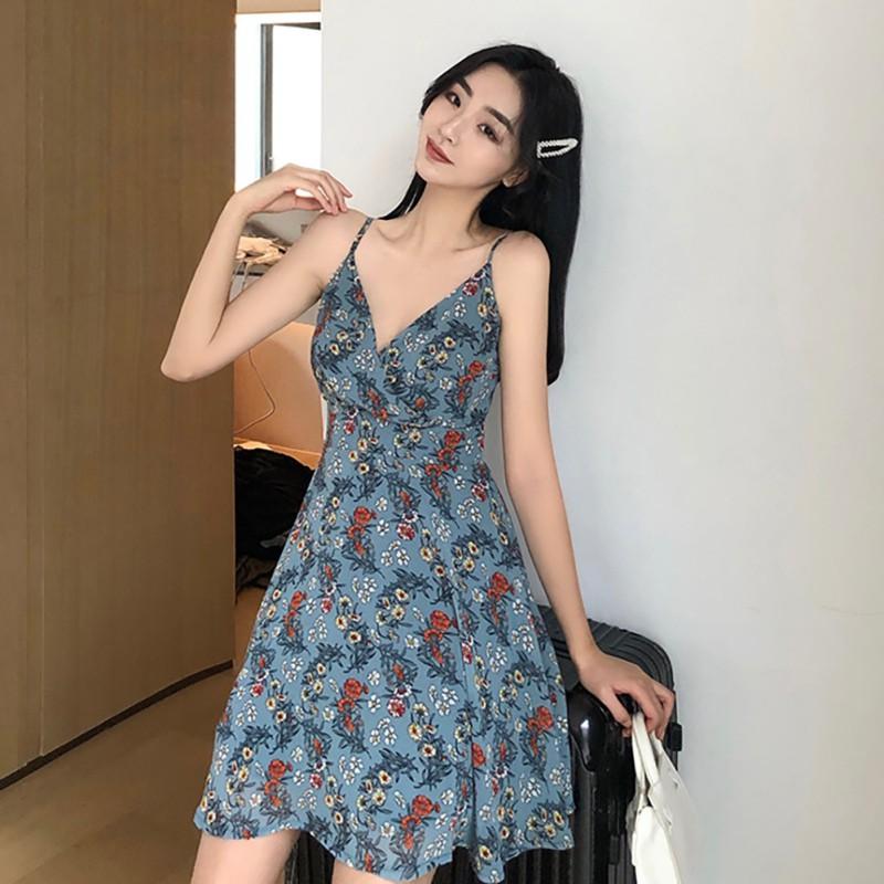 Đầm Hoa Cổ Chữ V Phong Cách Retro Xinh Xắn Cho Nữ