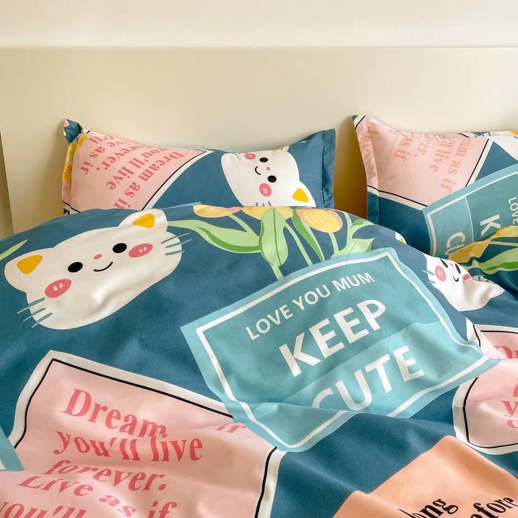 Bộ chăn ga gối Cotton Poly Minh Nhật Mèo hoa, vỏ chăn mền, drap giường và 2 vỏ gối