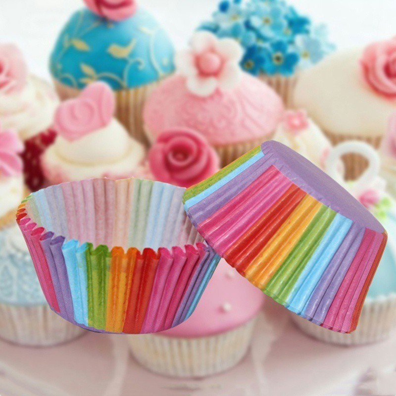 Bộ 100 Khuôn giấy Đựng Bánh Cầu Vồng Cupcake Siêu Cuốn Hút Màu Sắc Rực Rỡ Chống Dầu Mỡ