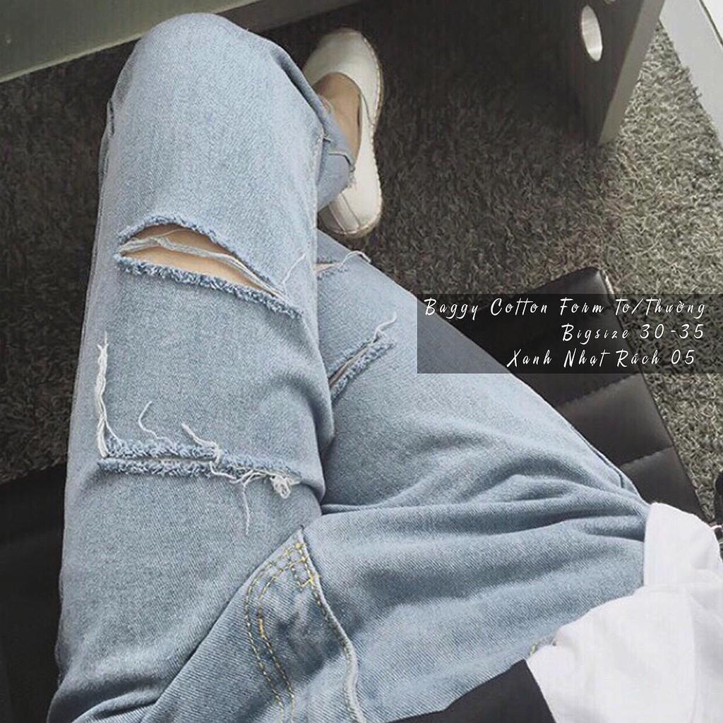 Quần jean baggy quần bò cạp cao chất cotton không co dãn màu xanh rách