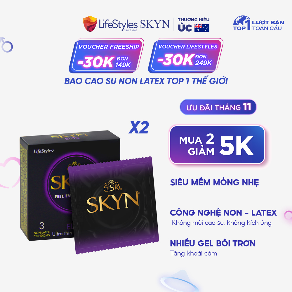 Bao Cao Su LifeStyles SKYN ELITE Non-latex Siêu Mỏng, Siêu Mềm, Nhiều Gel Bôi Trơn, Không Mùi Cao Su - Hộp 3 bao