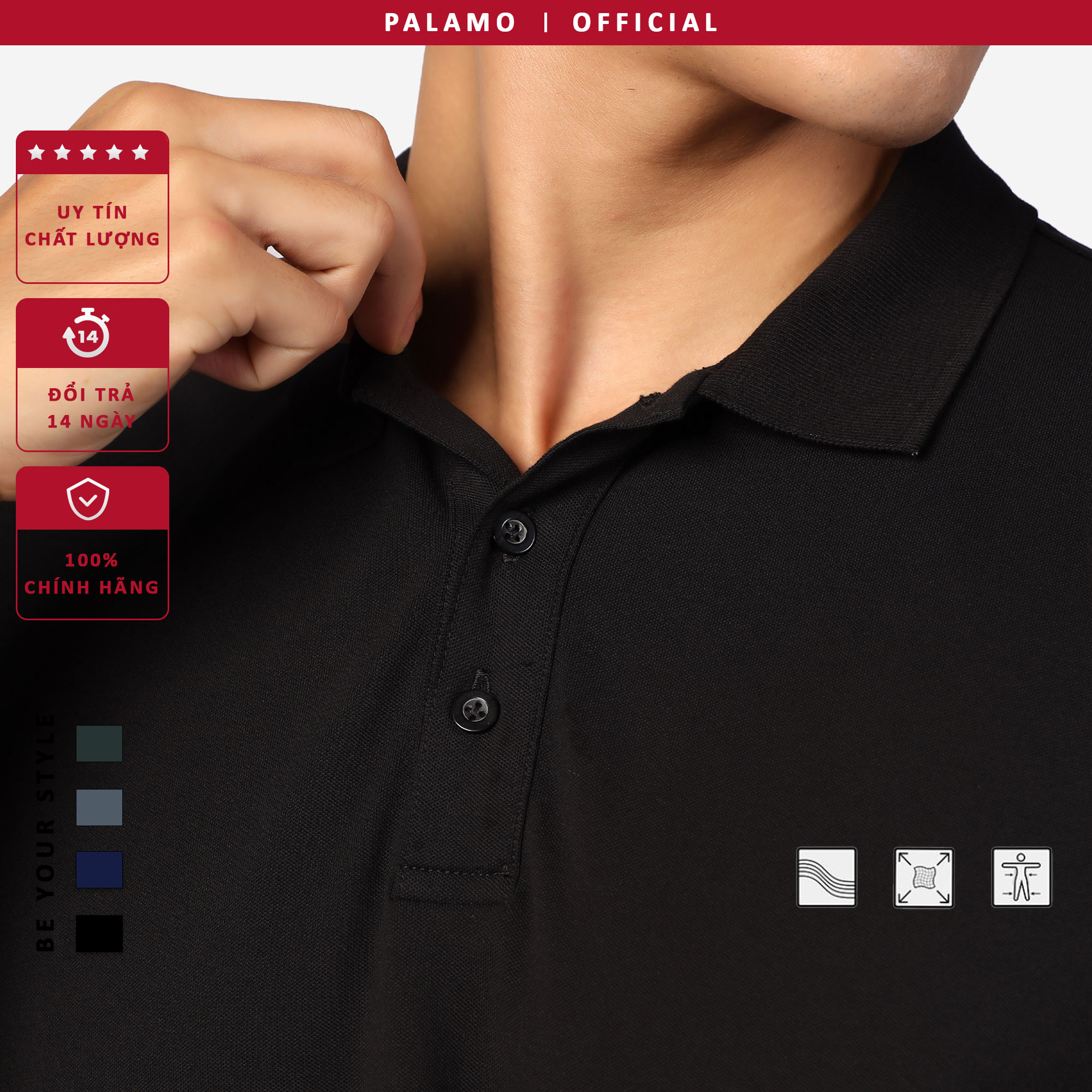 Áo phông polo nam Palamo classic, regular fit, cotton spandex / màu đen