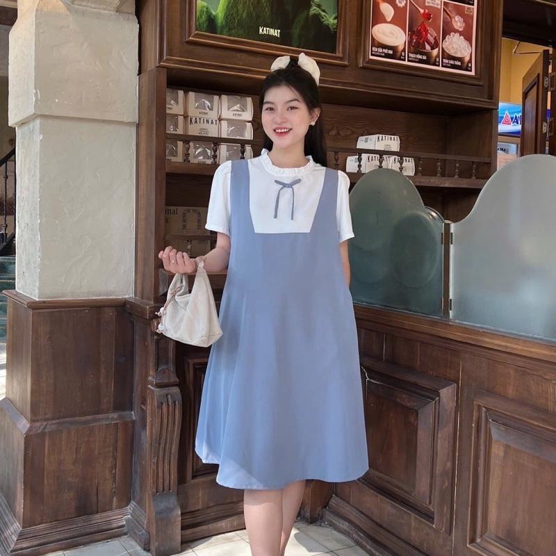 Đầm bầu yếm liền công sở cổ bèo dáng suông chất cotton lạnh mềm mát, bầu diện đi làm đi chơi đều xinh - Nâu