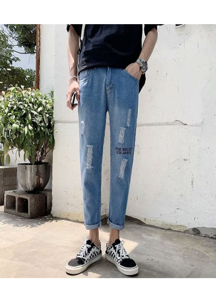 Quần bò/Quần ngố nam, ống côn, họa tiết in hoa, gấp gấu, phong cách cá tính, mài trang trí, kiểu dáng rộng TA206