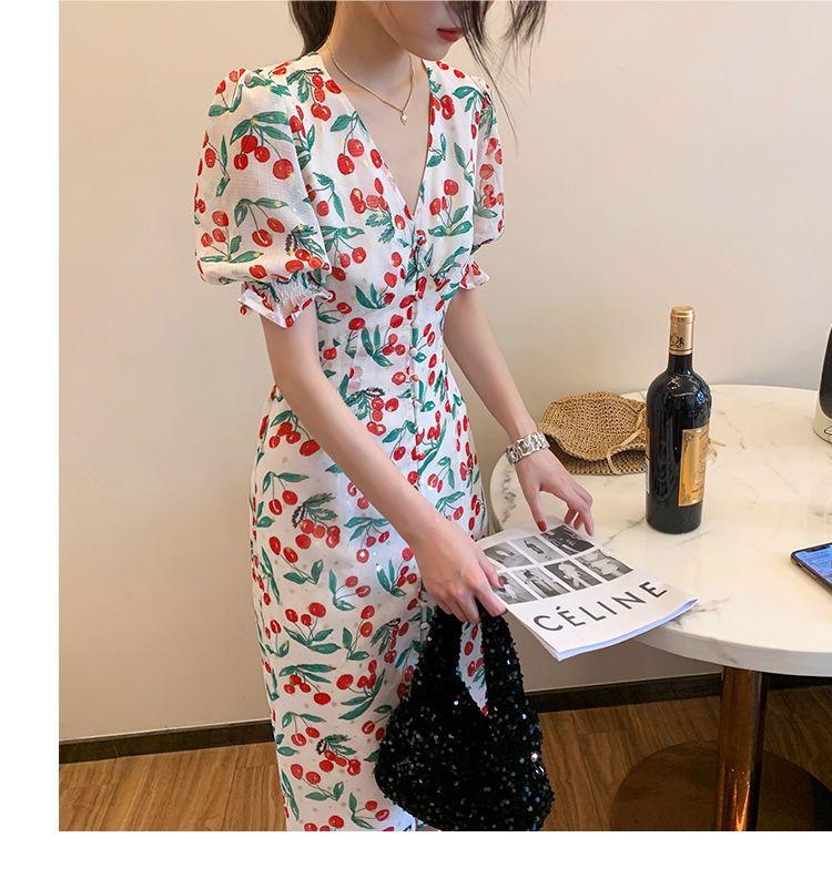 SHUANGYAN 2021 mùa hè thắt lưng ngọt ngào trà nghỉ váy nữ Pháp anh đào chiffon hoa bong bóng tay áo đầm dài