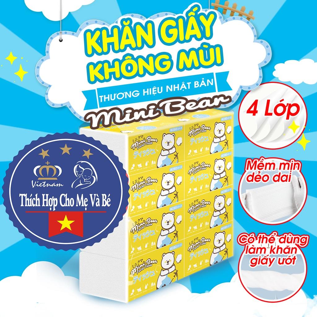 Khăn giấy khô lau tay, mặt không bột vụn 210 tờ gia dụng 100% bột gỗ nguyên sinh thương hiệu Minibear Nhật