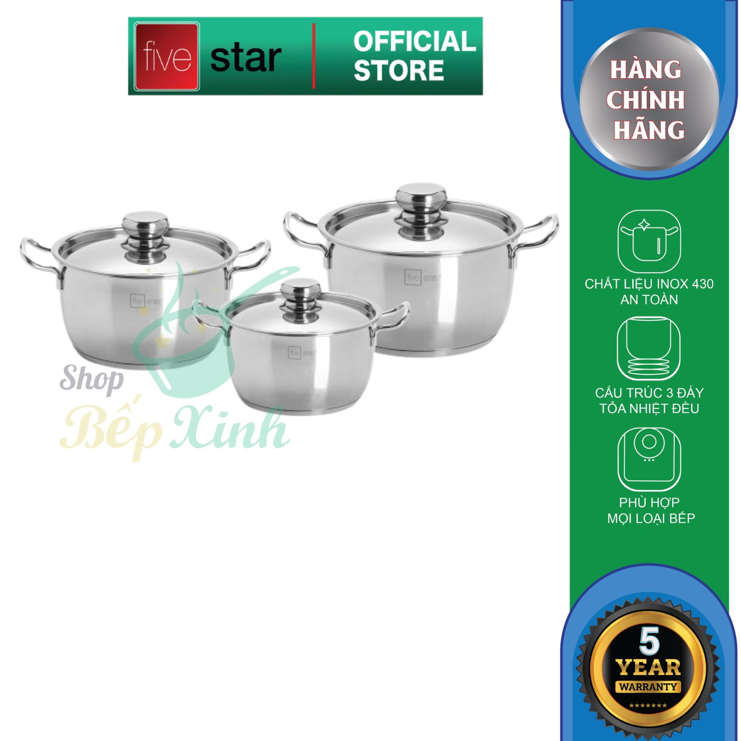 Bộ Nồi Inox 430 Bếp Từ 3 Chiếc Nắp Inox Fivestar Tặng 5 Muỗng Ăn