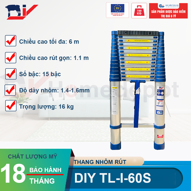 Thang nhôm rút đơn cao cấp DIY TL-I-60S chiều cao sử dụng tối đa 6.0M