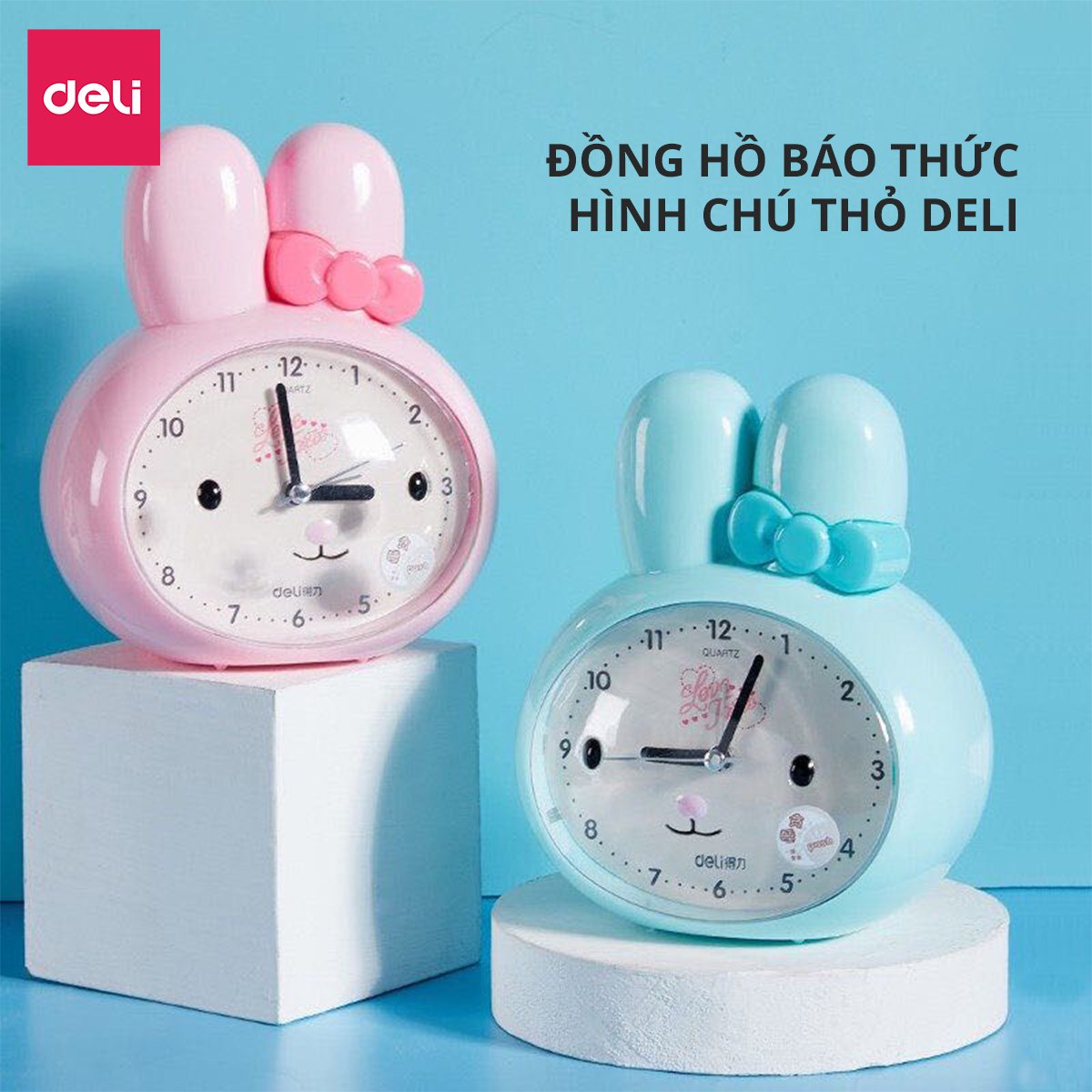 Đồng hồ báo thức thỏ hoạt hình Deli - Trắng/ Xanh/ Hồng - 8803