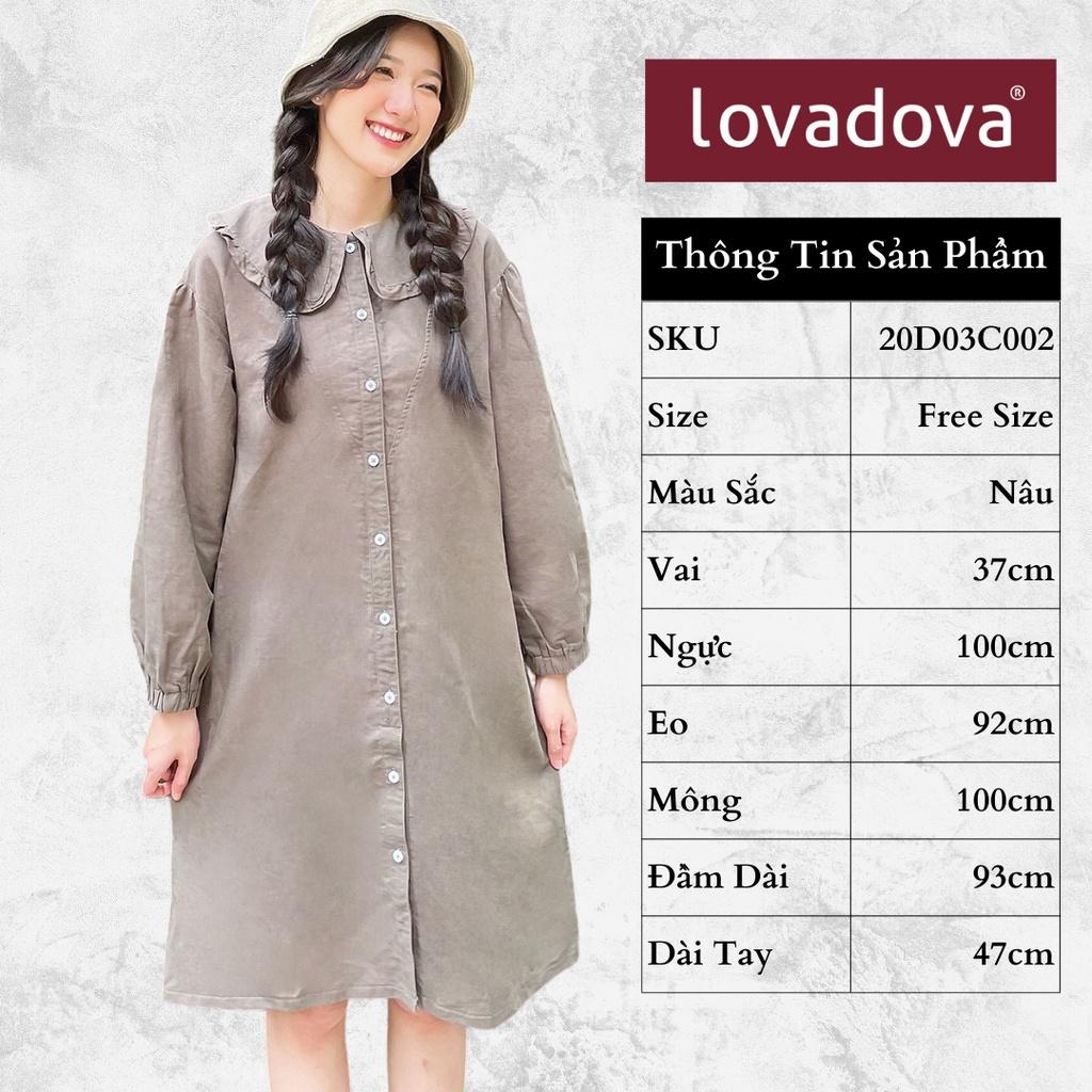 Đầm Dáng Suông, Cách Điệu Cổ Tai Bèo, Nhún Cổ Tay, Có Núc Cài, Màu Nâu - Lovadova 22D03C002