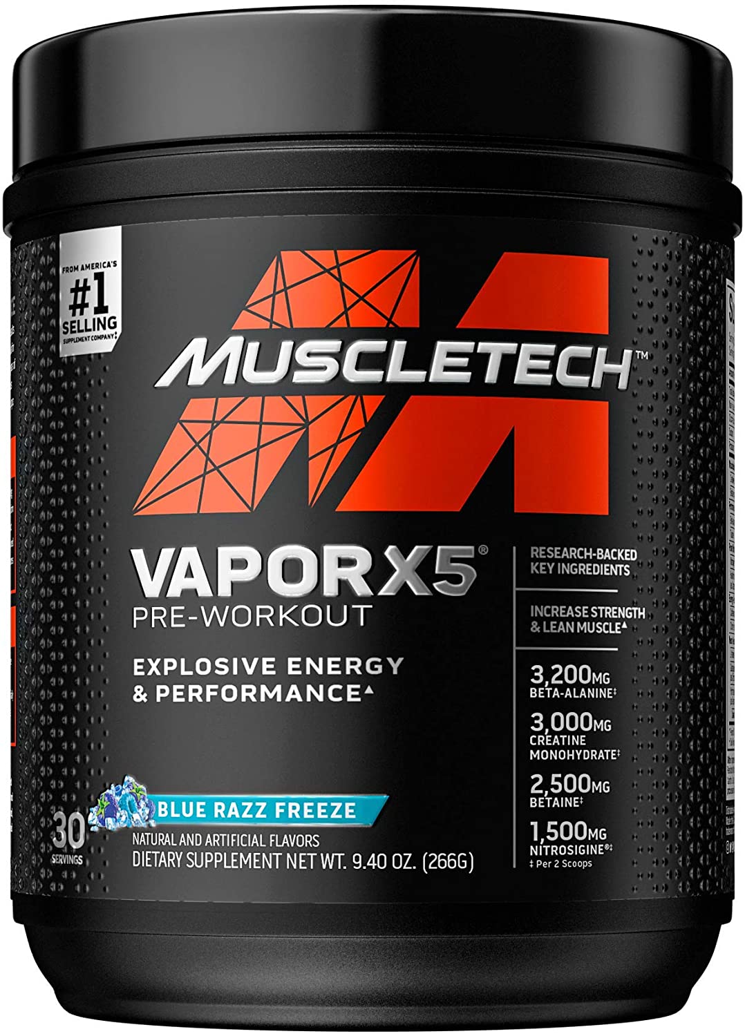 Thực phẩm bổ sung Pre-Workout Vapor X5 của MuscleTech - Nhãn đen mới mạnh mẽ - Hỗ trợ tăng sức mạnh, sức bền, tăng sự tập trung tỉnh táo cho người tập luyện thể hình và thể thao – 30 lần dùng