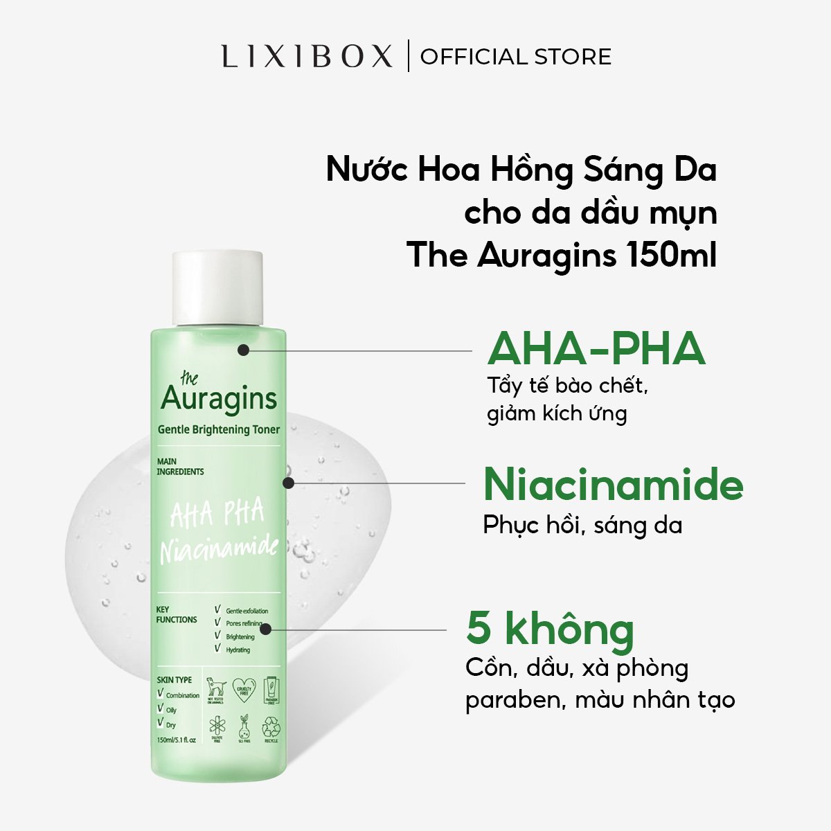 Nước hoa hồng sáng da, ngừa mụn AHA PHA The Auragins Gentle Brightening Toner 150ml