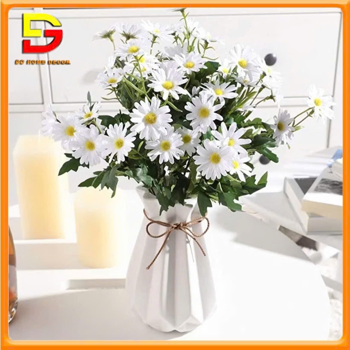 Bình Hoa Để Bàn Hoa Giả Cúc Họa Mi Trắng Cao Cấp Trang Trí Nhà Cửa Cao 35cm DG-180