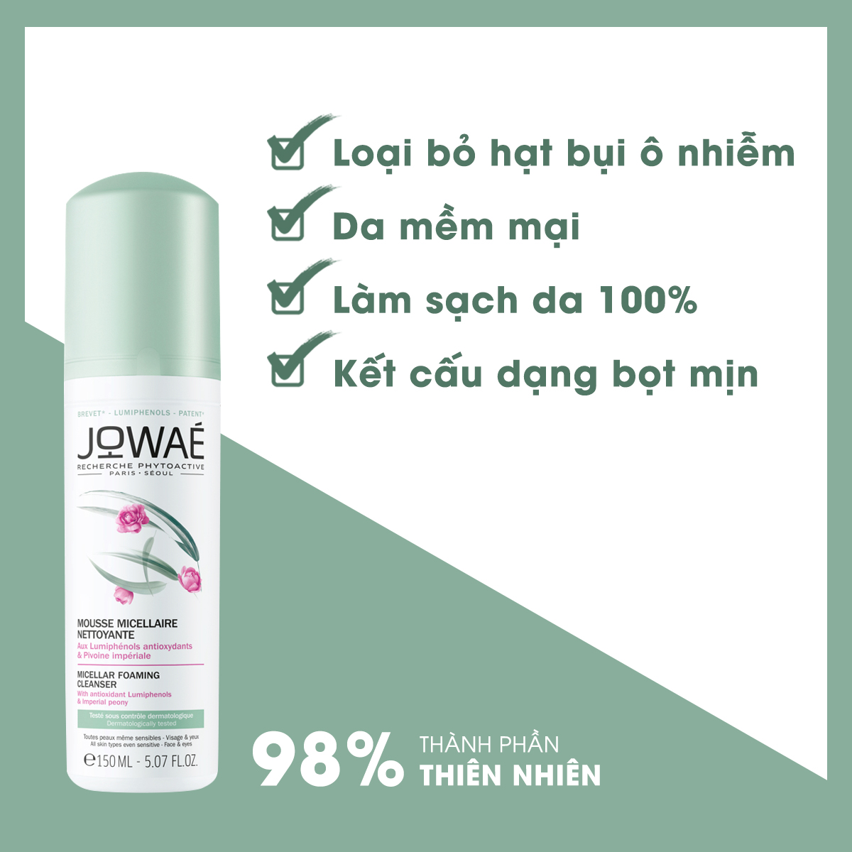 Sữa rửa mặt tẩy trang dạng bọt JOWAE kết cấu bọt mịn dung tích 150ml Mỹ phẩm thiên nhiên nhập khẩu Pháp - MICELLAR FOAMING CLEANER