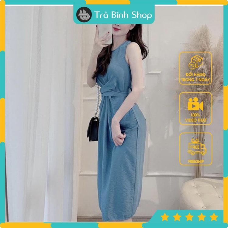 Đầm Đũi Suông Xoắn Eo Váy Sát Nách Dây Buộc Thắt Eo Xanh Cô Ban Xinh Xắn