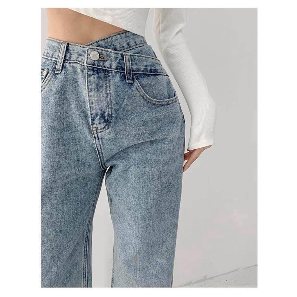 Quần jeans, quần jean nữ ống rộng - Cạp chéo, đủ size Sml quần jean ống suông lưng cao hack dáng