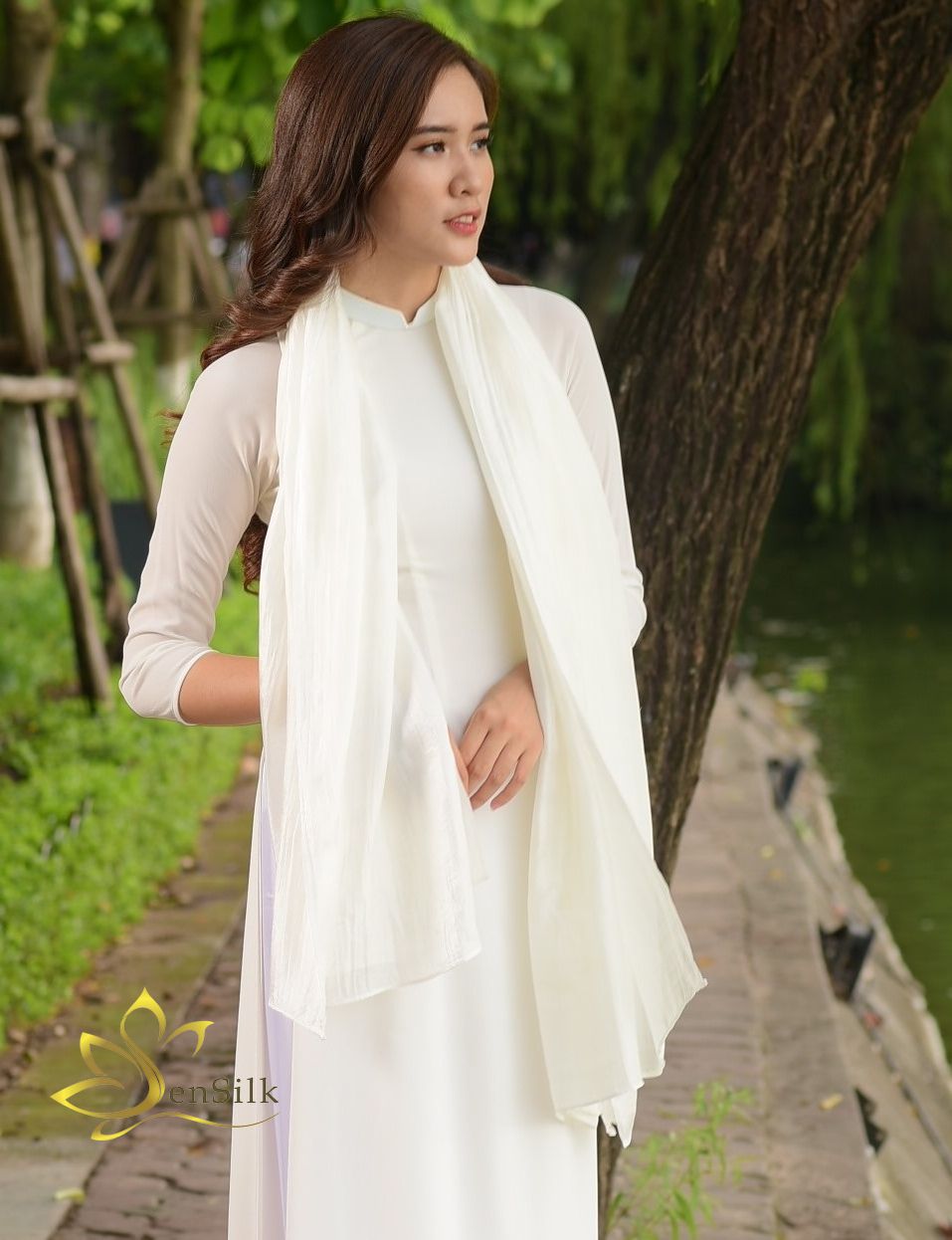 Khăn Lụa Tơ Tằm Nha Xá SenSilk (Trắng Lụa) 180*90cm, Khăn Choàng Thời Trang