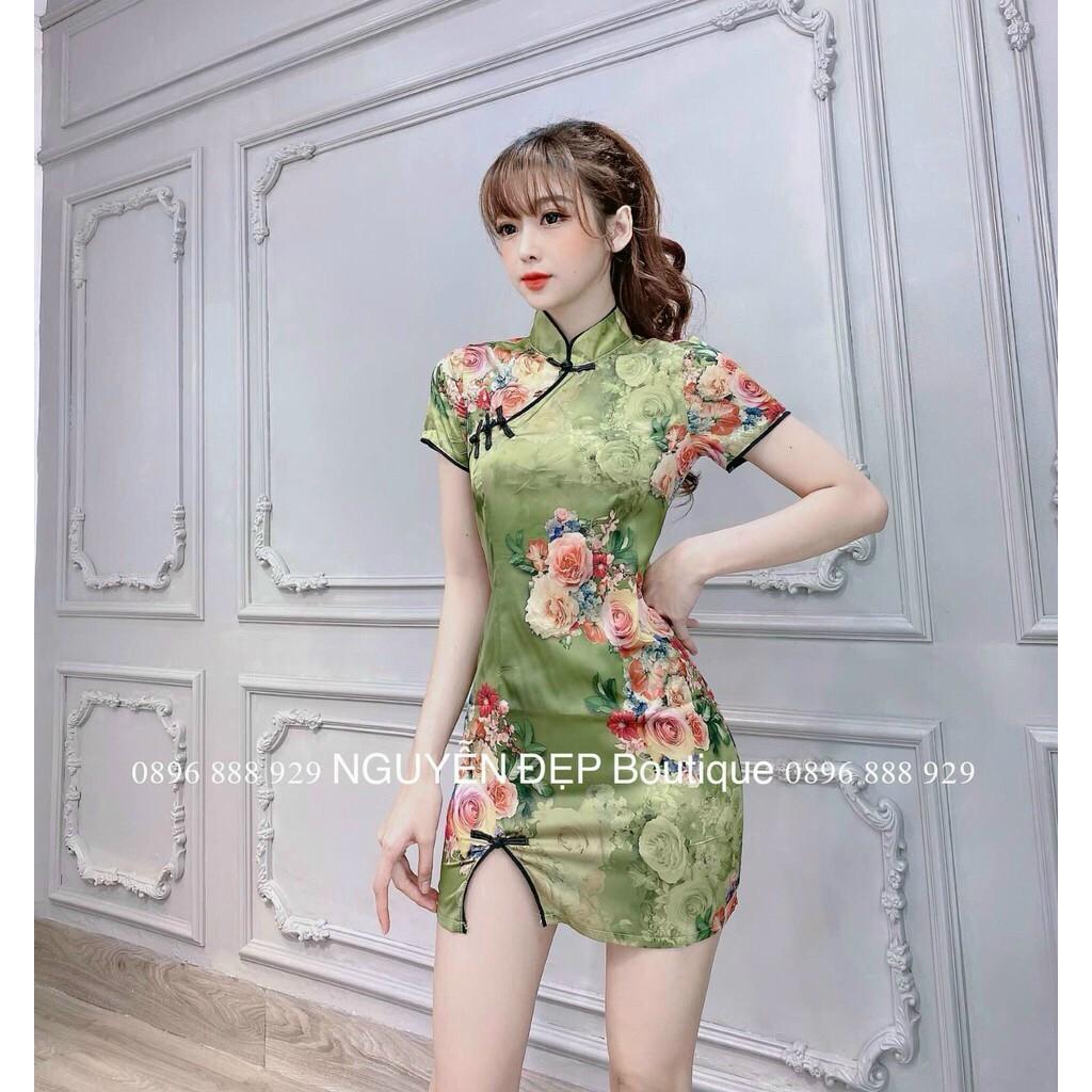 Đầm body sườn xám cổ tàu hoạ tiết xịn xò + Ảnh thật