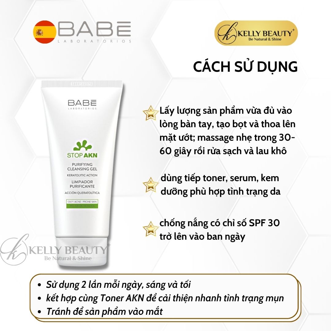 Gel Rửa Mặt Cho Da Dầu Mụn BABE Stop AKN Purifying Cleansing Gel - Làm Sạch Sâu, Kiềm Dầu, Giảm Sưng Viêm | Kelly Beauty