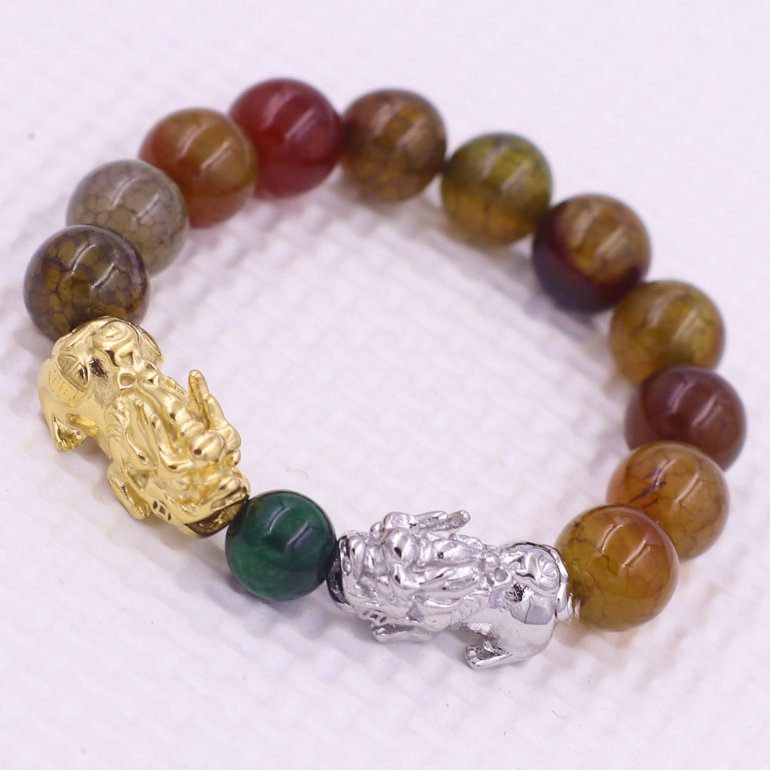 Vòng chuỗi đeo tay mã não vân rạn 12 ly charm tỳ hưu đôi inox trắng và vàng, vòng chuỗi phong thủy, charm tỳ hưu, vòng tay hạt chuỗi
