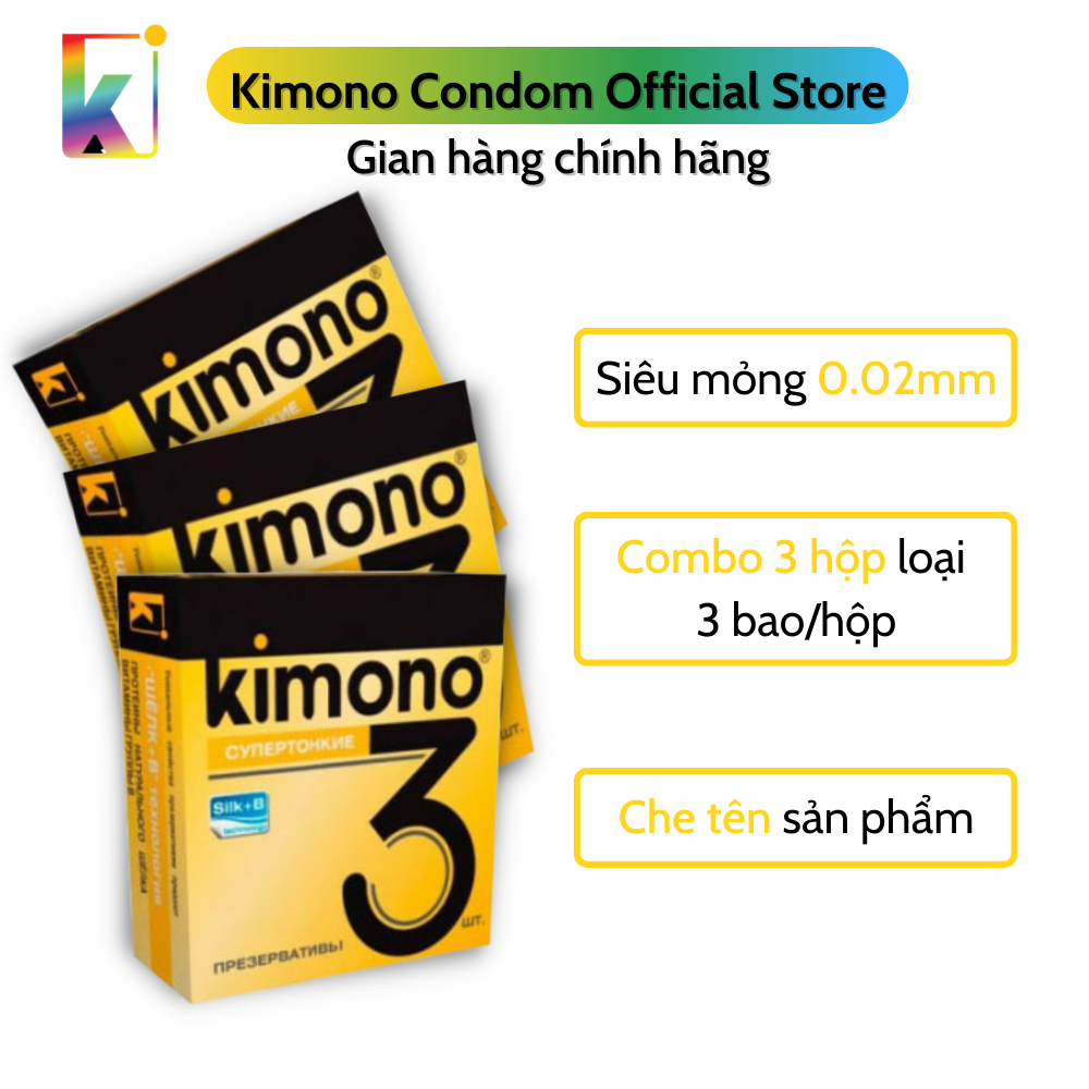 Combo 3 hộp Bao cao su Kimono Gold Siêu mỏng 0.02mm - Bôi trơn gốc nước -  Loại 3 bao/hộp