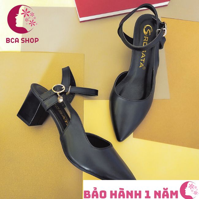 Giày sandal nữ cao gót 6p RO360 thời trang cao cấp ROSATA tại BCASHOP mũi nhọn, quai sau, kèm hạt kim cương nhân tạo, màu đen