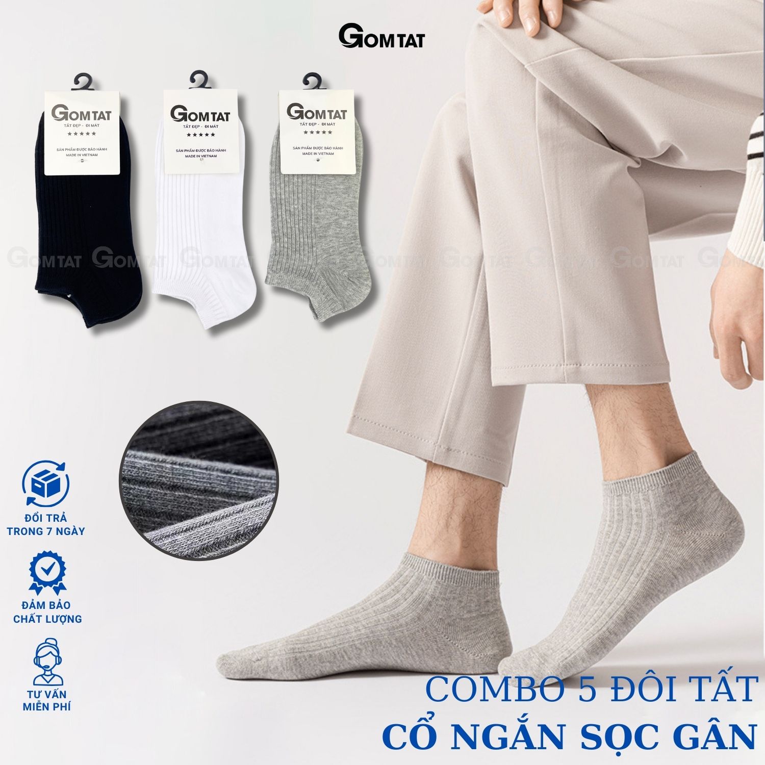 Combo 5 đôi tất nam cổ ngắn gân chìm, vớ nam ngắn cổ chất liệu cotton hút ẩm thoáng khí -FIVE-TAY10-NGAN-CB5