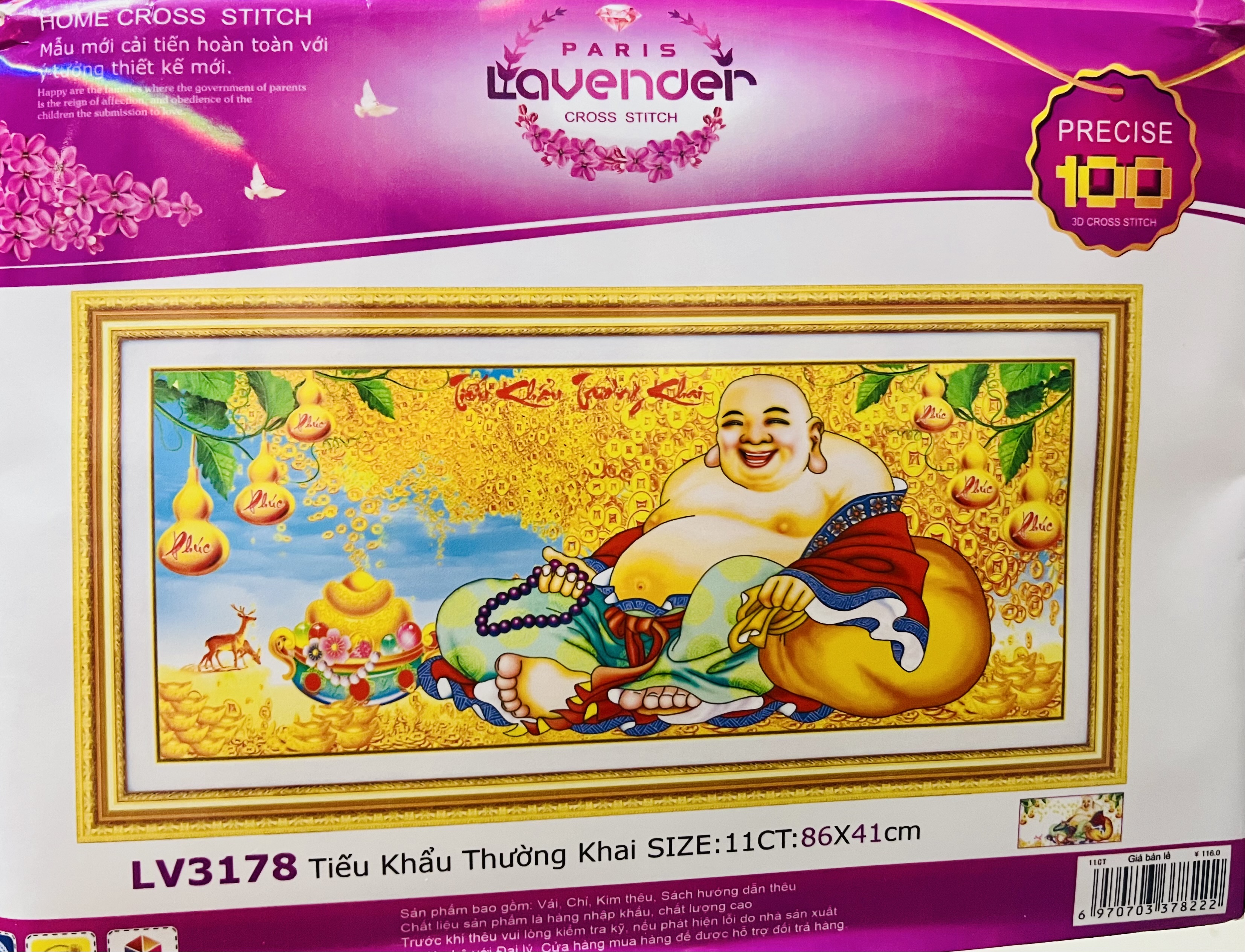 Tranh thêu chữ thập Phật di lặc LV3178, kích thước 86 x 41 cm