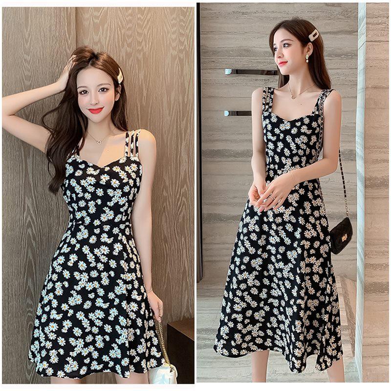 Đầm hoa cúc 2 dây dáng dài ngắn