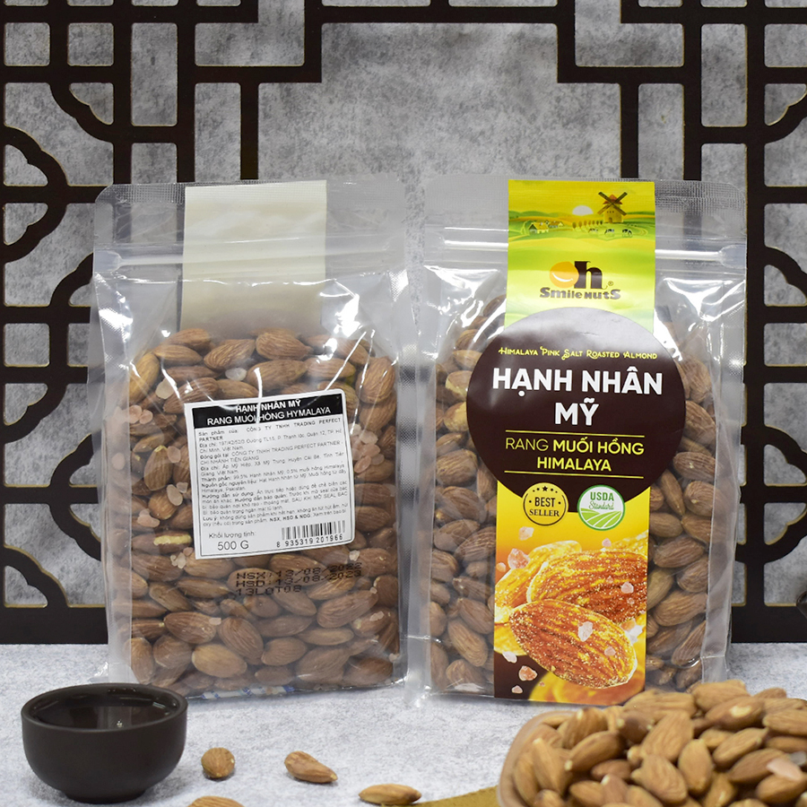 Hạt Hạnh Nhân Tách Vỏ Mỹ Rang Muối Hồng Himalaya Smilenuts _ Trọng lượng 265g/350g/500g - Hạt Hạnh Nhân Smilenuts size 23/25 chuẩn Mỹ, giúp điều hòa cholestero, giòn béo thơm ngon