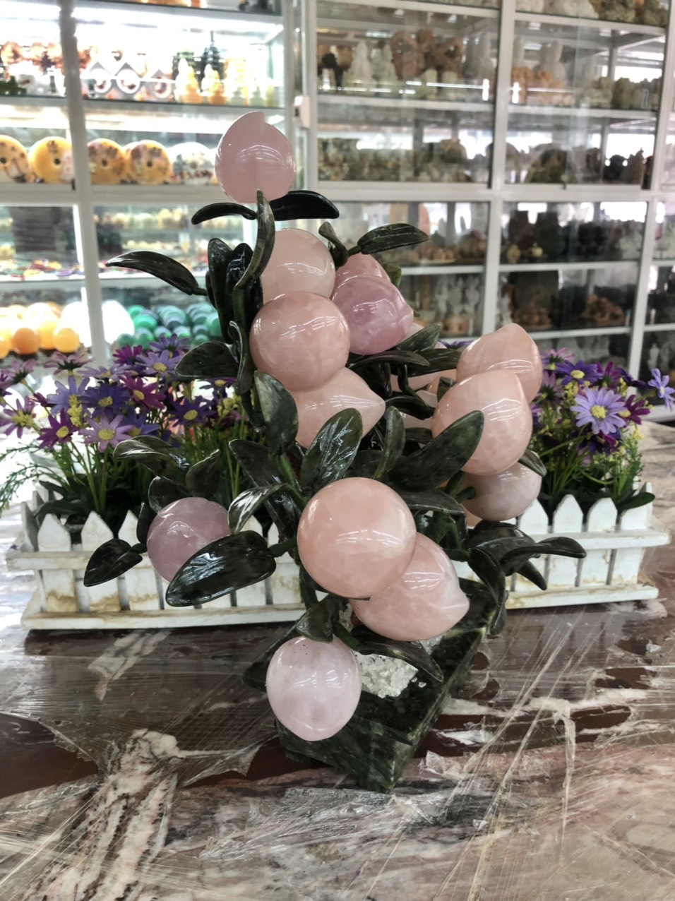 Cây đào phong thuỷ đá thạch anh hồng 18 quả - Cao 36 cm