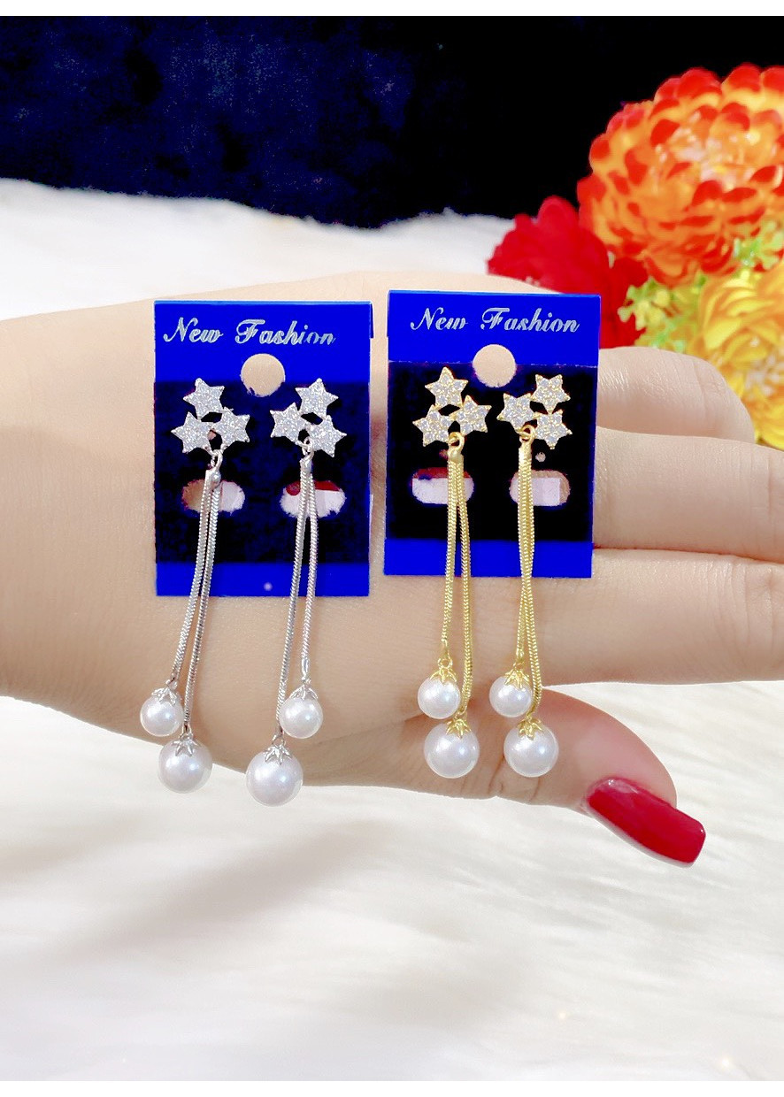 Bông tai nữ ngôi sao trái châu tòn ten mạ 18k cao cấp P16