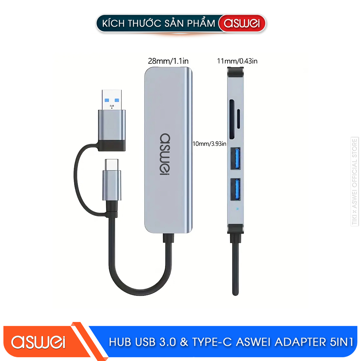 Hub Type C Và Hub USB ASWEI 5 in 1 To USB 3.0, SD, TF - Hàng Chính Hãng