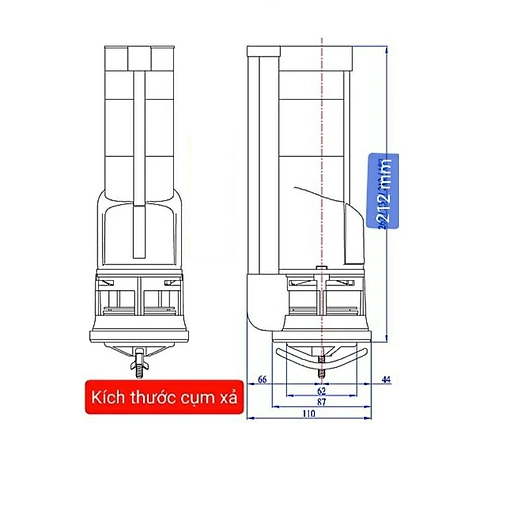 Cụm xả 2 nút nhấn chiều cao trụ xả 212mm và 262mm dùng cho thùng nước (két nước) bồn cầu 1 khối